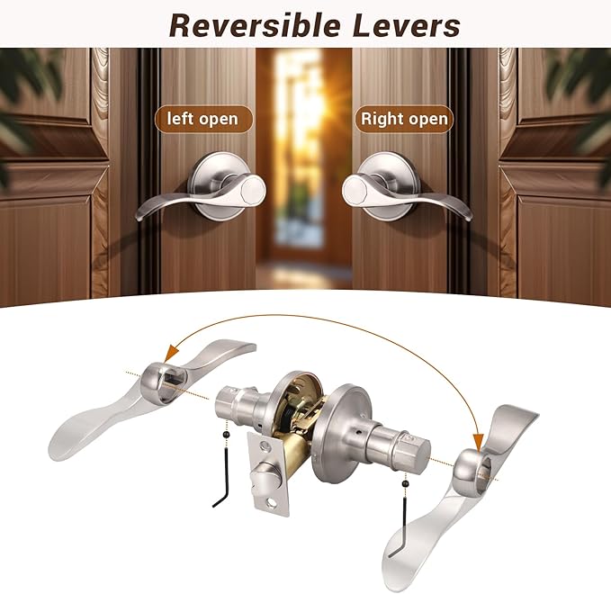 Knobonly 6 Pack Satin Nickel Pasage Door Levers Interior Door Handles for Hallyway andCloset Door Knobs Keyless Nickel Door Handles with Lock, Zinc Alloy Reversible for Right/Left