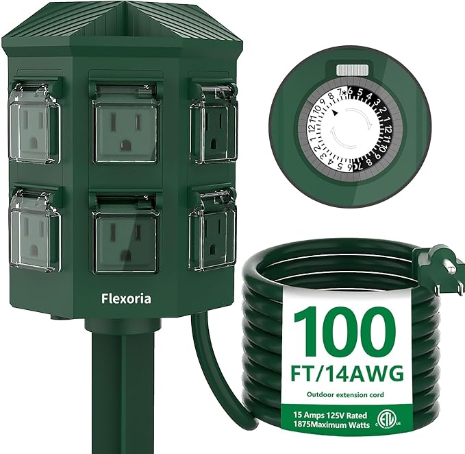 Flexora Outdoor Power Strip with 24-Hour Mechanical Timer, 100 FT Extension Cord Waterproof, 6 Grounded Outlets for Outdoor Christmas Decorations, ETL Listed