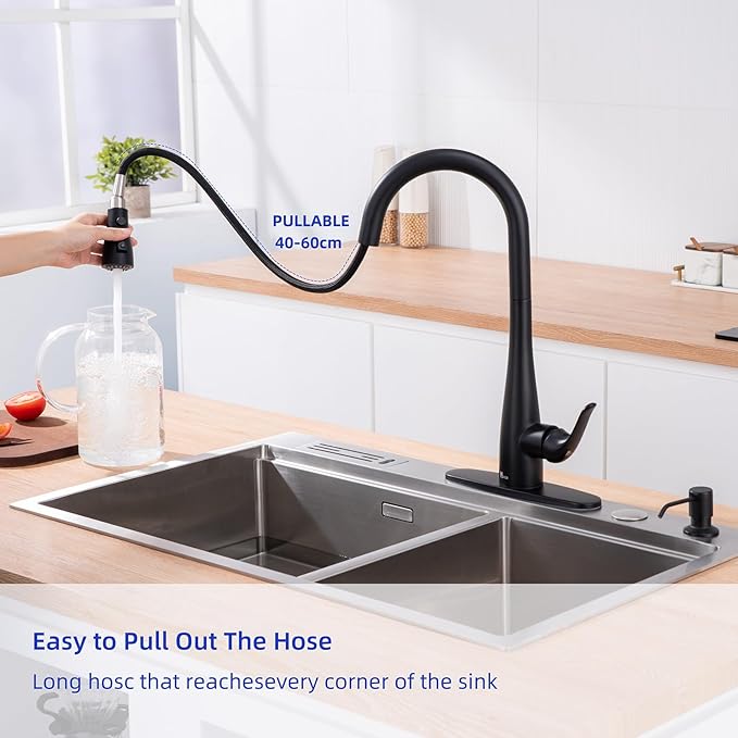 Kitchen Faucet with Soap Dispenser and Pull Down Sprayer - Stainless Steel Single Handle Kitchen Sink Faucet, 1 or 3 Hole Design for Modern Farmhouse Kitchens, Rv, and Bar Sinks (Matte Black)