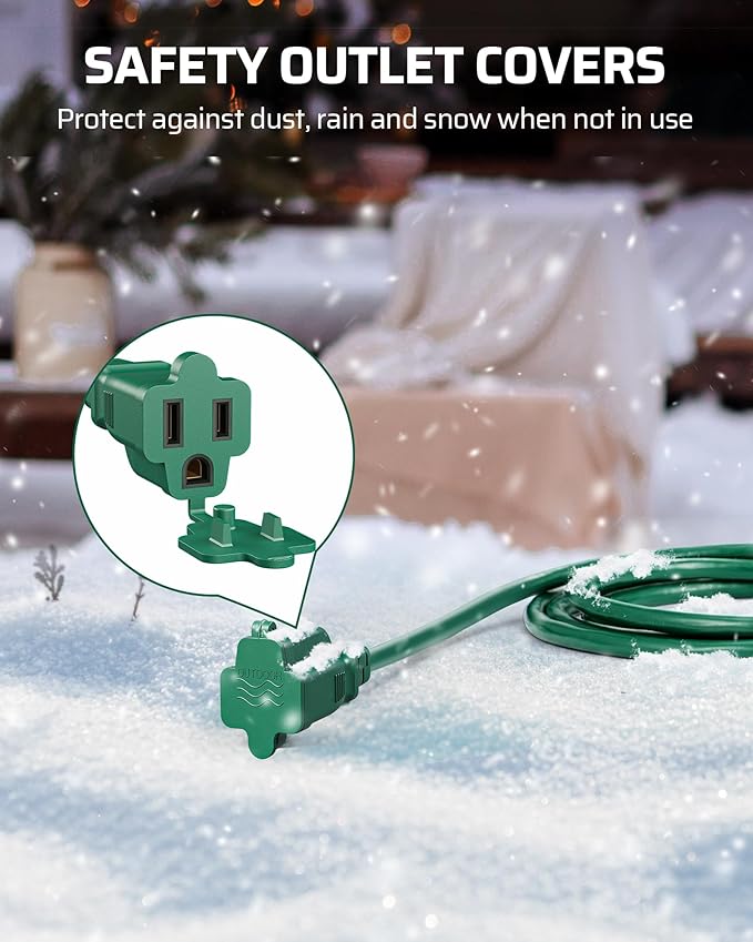 DEWENWILS 25Ft Outdoor Extension Cord, Evenly Spaced 3 Outlets Plugs with Safety Cover, 16/3 SJTW Weatherproof Wire for Outdoor Halloween Decorations, String Lights, UL Listed