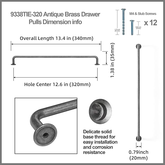 Goo-Ki 12.6" c-c Weathered Nickel Cabinet Handle Drawer Pulls, 6 Pack Antique Iron Bar Pull Kitchen Hardware for Appliance Closet Dresser Wardrobe Cupboard Furniture