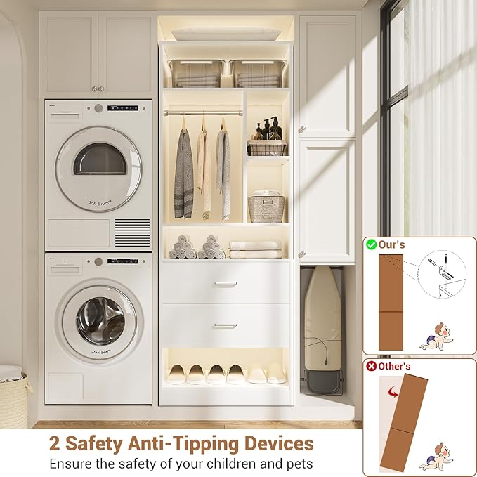 4FT Closet System with 4 Wood Drawers, 48" Closet Organizer System with 10+ Small Shelves & 2 Hanging Rods, Walk-in/Nursery Closet Systems, Set of 2, White (48" L x 15" W x 80" H)