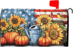 Kawani Fall Mailbox Cover - Autumn Pumpkin Sunflower America Flag Patriotic - Magnetic Standard Size 21x18 Inch Rustic Waterproof Post Box Wrap for Garden Yard Home Decor