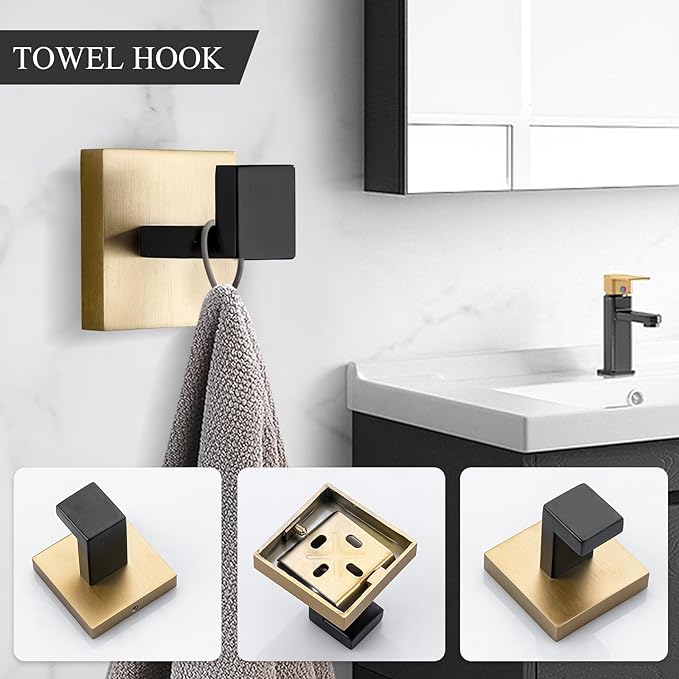 TURS 5-Piece Bathroom Hardware Set Black and Gold Towel Bar Sets Include 24 Inch Towel Bar Hand Towel Holder Toilet Paper Holder and 2 Towel Hooks,Stainless Steel Wall Mounted
