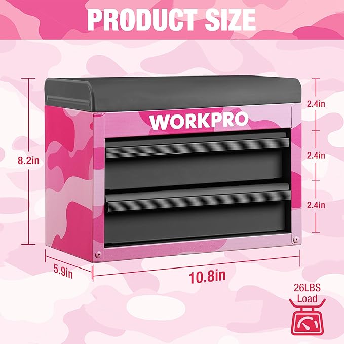 WORKPRO Metal Mini Tool Box, Top Tool Chest containing Two Drawers with Ball Bearing Slides, PVC Drawer Liners and PP Feet Pads, Cold Rolled Steel Small Toolbox for Multi-Purpose Storage - Pink Ribbon