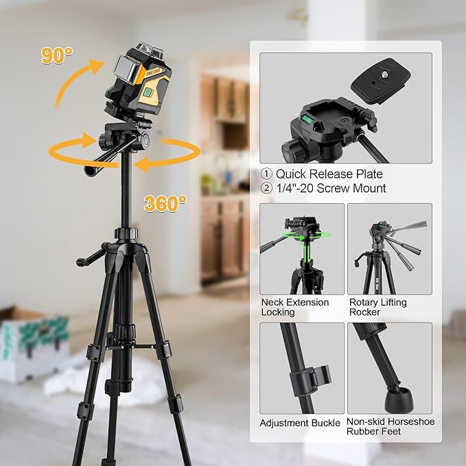 PREXISO Laser Level 3 X 360° Self Leveling with 47 In. Tripod, IP54 Rechargeable 100Ft Green Lazer Leveler Tool for Construction, Home Renovation with Magnetic Base, Battery Adapter, Case, Accessories