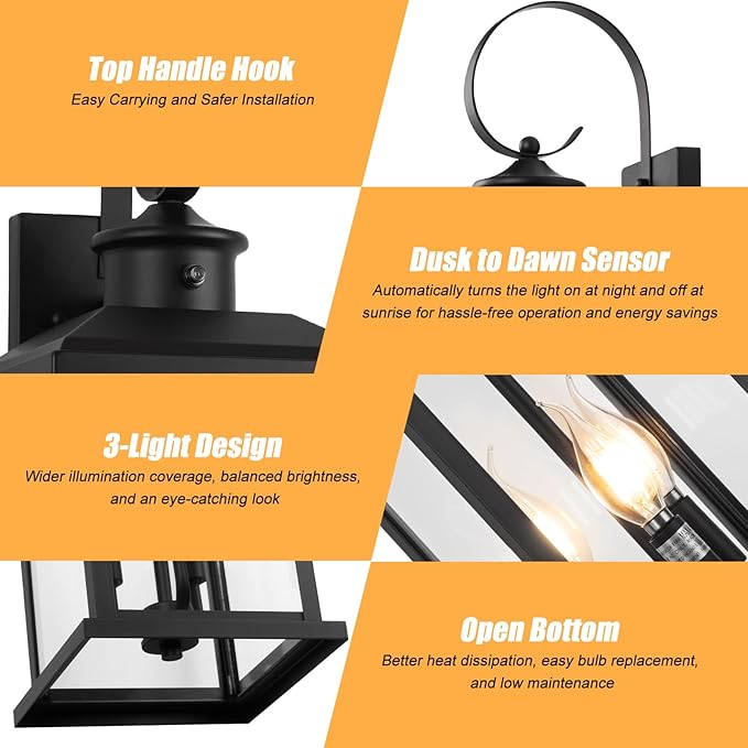 24" Dusk to Dawn Outdoor Wall Light Fixture 2 Pack-Black Extra Large Modern Porch Lantern 3-Light, Waterproof Exterior Lighting Sconce Wall Mount, Outside Lamp for Entryway Garage Coach E12 Base