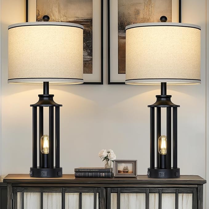 27.5" Black Farmhouse Table Lamps Set of 2, Tall Vintage Lamps for Living Room with USB A+C Charging Ports & AC Outlet, Rustic Bedside Lamp with Night Light, Bedroom Lamp for Nightstand Side End Table