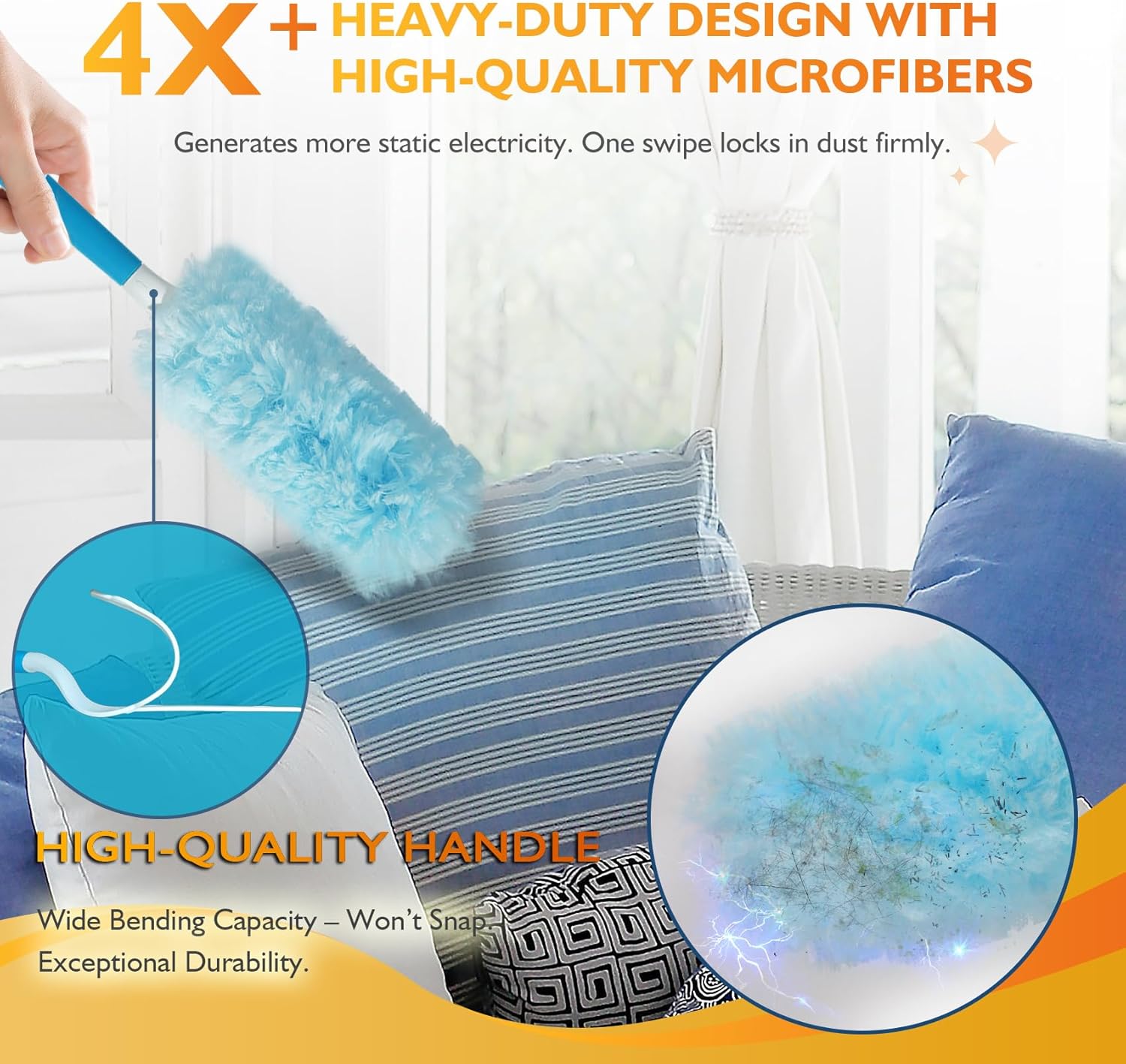 60ct 360° Heavy Duty Duster Refills Kit for Swiffer Duster, 4X Dust Capture Power with Microfiber, Disposable Feather Dusters for Cleaning Ceiling Fan, Cobweb, Car,1 Extended &1 Short Handle