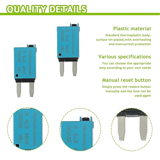 15A DC 12V-32V Manual Reset Circuit Breaker ATM Low Profile T1 Mini Blade Fuses Breakers for Car Trucks Marine Boat RV Solar and More,2 Pack