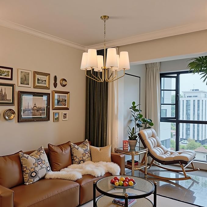 Modern 6-Light Brass Gold Chandelier with White Fabric Shade Chandelier Adjustable for Dining Room Hallway Living Room Kitchen Island