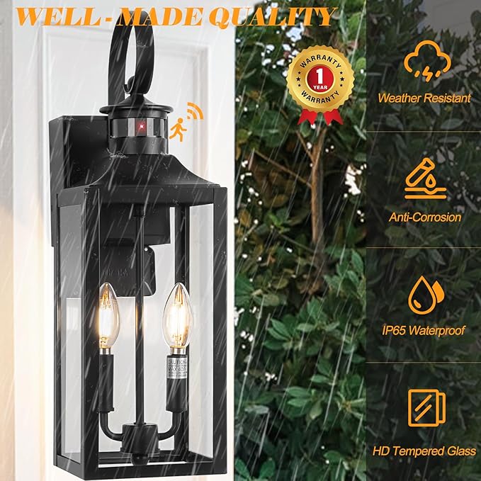 20" Black Motion Sensor Outdoor Lights with GFCI Outlet, Dusk to Dawn Exterior Lighting Fixtures, Porch Lights with GFCI Outlet Built-in, Waterproof Outdoor Wall Sconce for House Front Door Patio