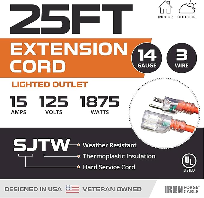 Iron Forge Cable Weatherproof 25 Ft Outdoor Extension Cord - 14/3 SJTW 15 Amp Heavy Duty Orange Extension Cord 3 Prong - Lighted End
