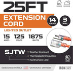 Iron Forge Cable Weatherproof 25 Ft Outdoor Extension Cord - 14/3 SJTW 15 Amp Heavy Duty Orange Extension Cord 3 Prong - Lighted End