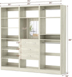 Unikito 75” Closet System with Drawers, 6.2FT Wood Closets Organizer with Hanging Rods and Mirror, Reversible Large Walk in Closet Wardrobe Garment Rack with Shoe Shelves, White Oak