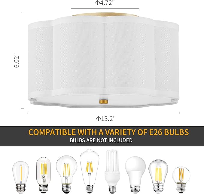 Modern Drum Semi Flush Mount 3-Light Gold Ceiling Lighting Vintage Linen Lamp for Laundry, Kitchen, Basement, Dining, Bedroom