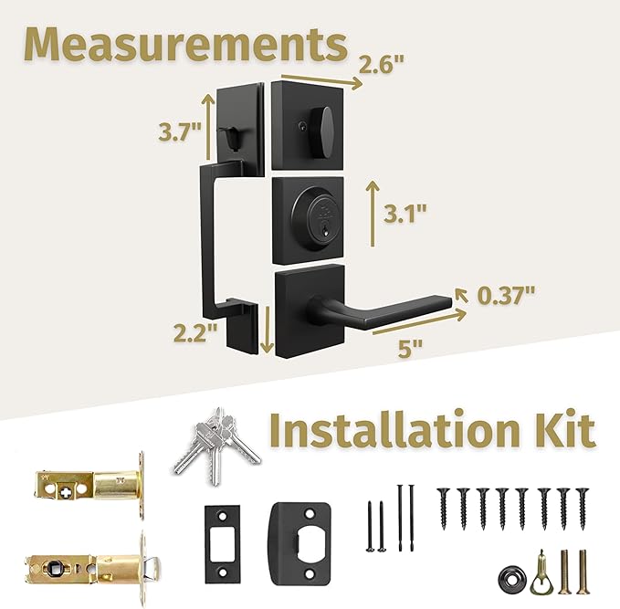 Mega Handles - TOBELLE Black Entry Door Handleset - Single Cylinder Handleset with Lever for Entrance and Front Doors - Modern Door Handles for Left and Right-Handed Doors - Straight Handle