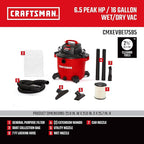 Craftsman CMXEVBE17595 16 Gallon 6.5 Peak HP Wet/Dry Vac, Heavy-Duty Shop Vacuum with Attachments
