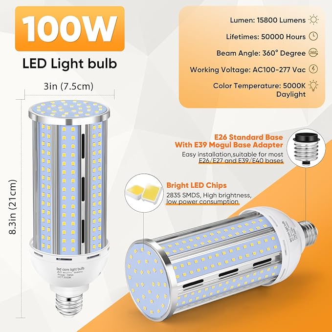 2 Pack 100W Corn LED Light Bulb Fanless,5000K Daylight(1000 Watt Equivalent) E26/E39 Large Mogul Base LED Cob Lamp 15,800LM for Outdoor Indoor Garage Warehouse Factory Workshop Street Backyard