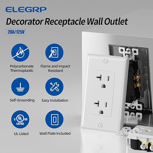 ELEGRP Glossy White Decorator Electrical Wall Outlet Receptacle, 20A 125V Standard Outlets, 2 Pole 3 Wire, Non-Tamper Resistant, NEMA 5-20R, Self-Grounding, Wall Plate Included, UL Listed, 50 Pack