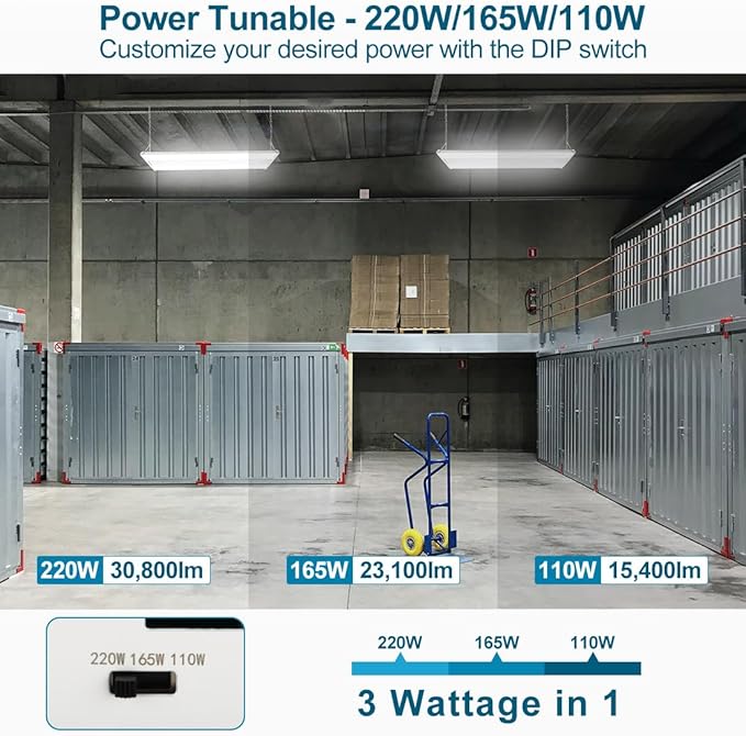 (2 Pack) LED high Bay Shop Light 220W 30800 Lumens 5000K 100-277V Dimmable, Commercial Linear Bay Lights for Warehouse Workshop Supermarket Stadium, Power Tunable 220W/165W/110W, 2FT