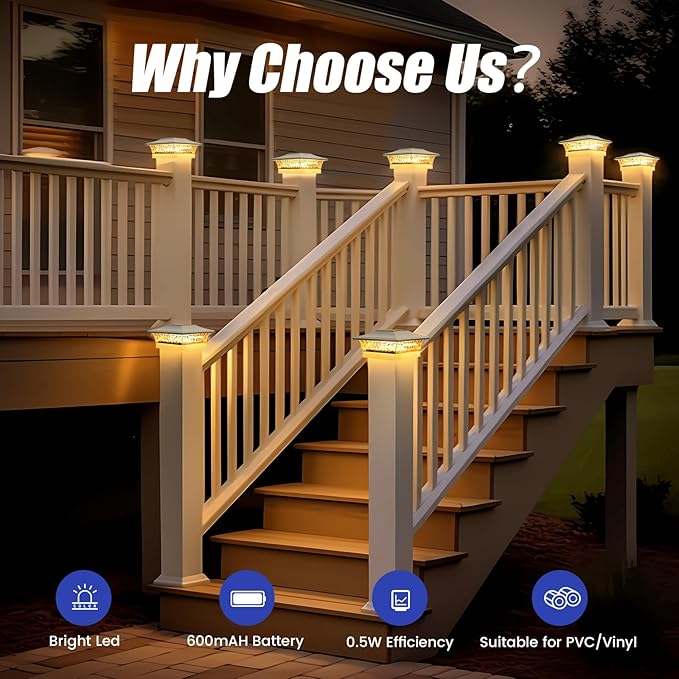 APONUO Deck Post Lights Solar Powered 6 Pack, Waterproof Outdoor LED Deck Lights for 4x4, 5x5, 6x6 Fence Posts, Warm/Cool White Light, All-Night Lighting, Auto On/Off, Patio Garden Yard Decor