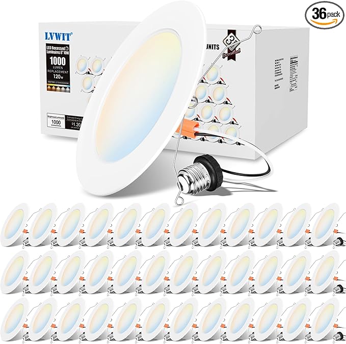 LVWIT Recessed Lights 6 Inch, Modern Retrofit LED Recessed Lighting, 5CCT Color Selectable, Dimmable LED Can Lights with E26 Conversion Kit, 36 Pack