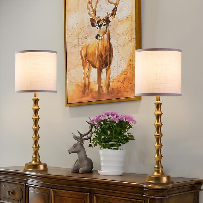 Gold Table Lamp Set of 2 Metal Bamboo Shape Base 29" Rustic Buffet Lamp with Linen White Shade Tall Nightstand Lamps Bedside Nightlights for Living Room Bedroom Guest Room