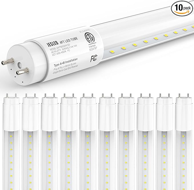 10 Pack T8 LED Bulbs 4 Foot, 14W 2450LM 6000K Super Bright, Type A+B 4FT LED Bulbs, Fluorescent Tubes Replacement, Plug & Play or Ballast Bypass,Clear Cover