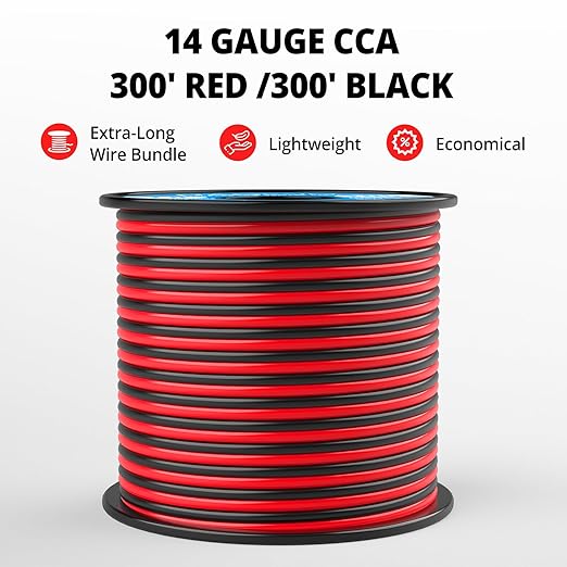 NAOEVO 14 Gauge Wire 300FT, 2 Conductors Electrical Wire Red Black Cable, Flexible/Low Voltage/PVC 14 AWG Copper Clad Aluminum Extension Cord for Speaker, LED Strips, Automotive 12V/24V DC