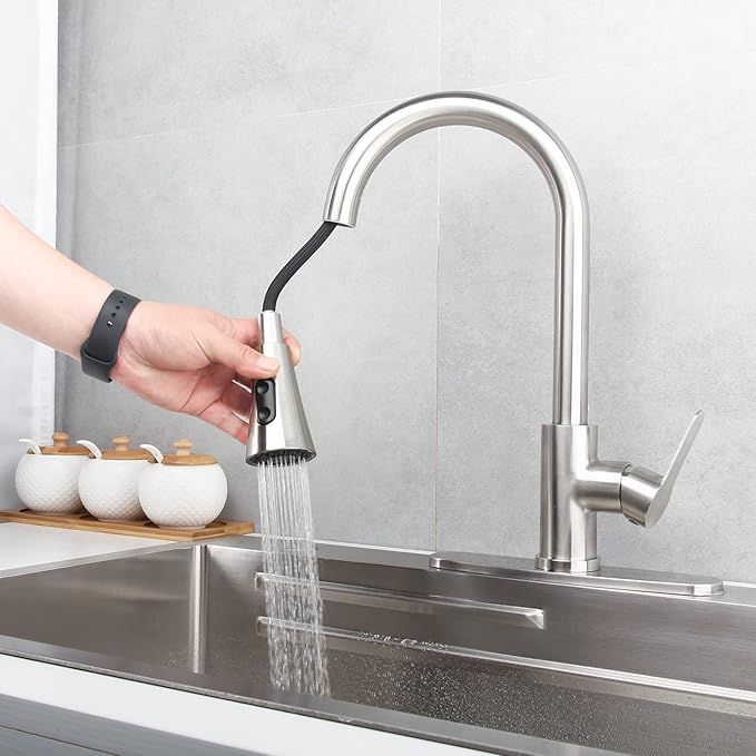 Single Handle Kitchen Faucet with Pull Down Sprayer Modern Stainless Steel Arc Kitchen Faucet Brushed Nickel, Commercial Kitchen Sink Faucet with Deck