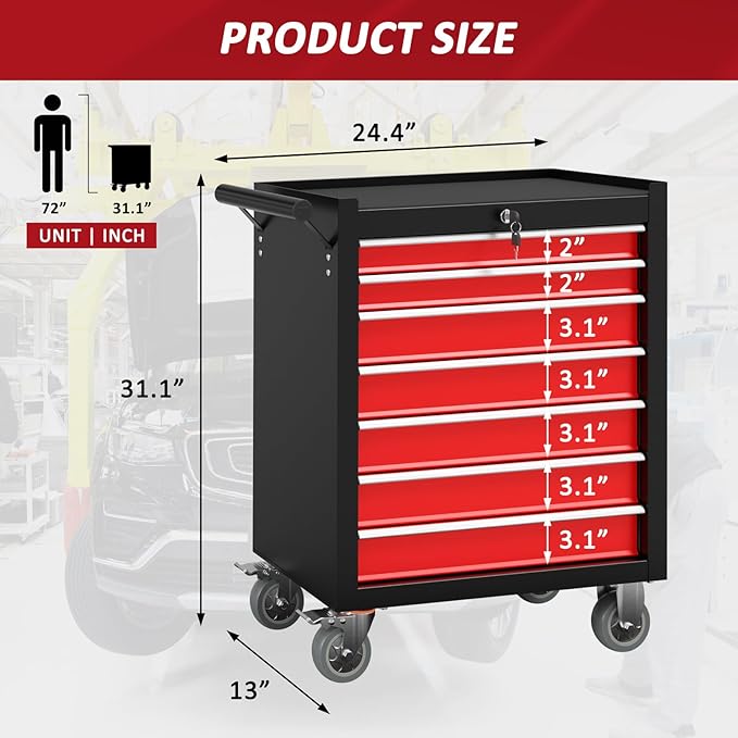 7-Drawers Rolling Tool Chest, Tool Chest with Wheels and Drawers, Rolling Box with Locking System, Tool Box with Wheels for Garage, Warehouse, Workshop (BlackRed)