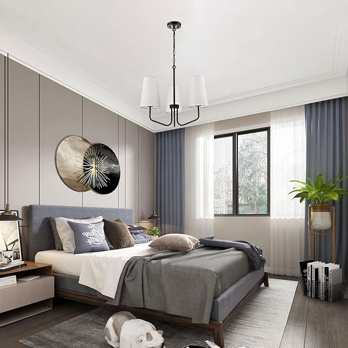 3-Light Black Metal Chandelier with Fabric Shade Adjustable Height Pendant Light for Kithchen,Hallway,Dining Room,Kitchen,Bar