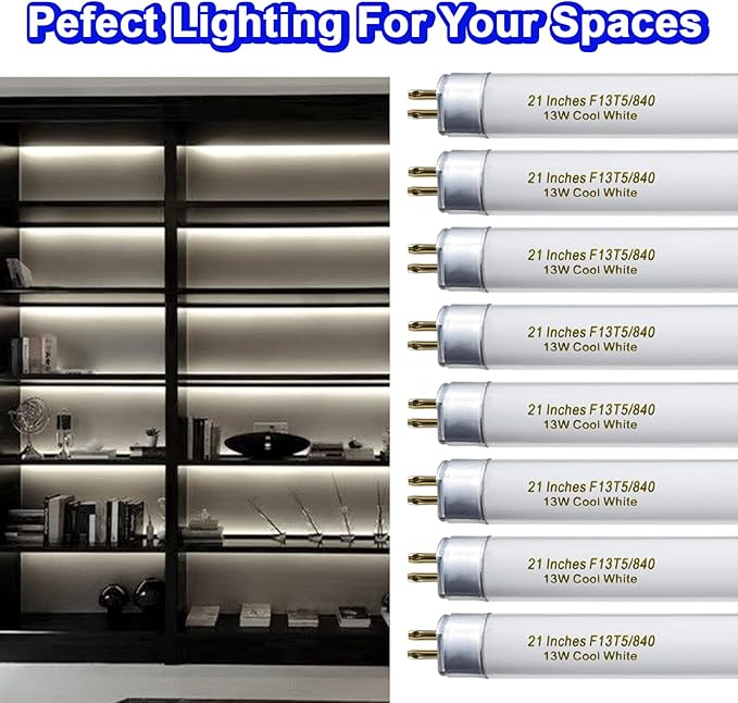 8 Pack 21 Inch T5 Fluorescent Light Bulb 13 Watt F13T5/CW Compatible for Sylvania Satco Philips GE Under Cabinet Tube Light Cool White 800 Lumen G5 Base 8 Count
