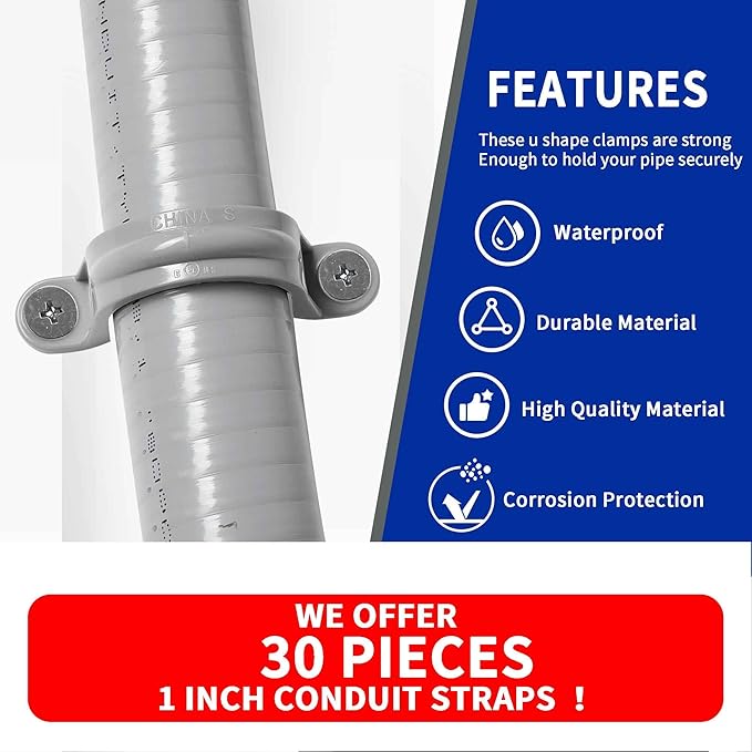 (1" Conduit Strap 30 Pack) Yariwiz 1 inch Plastic PVC Flex Electrical Conduit Strap Clamp Fittings
