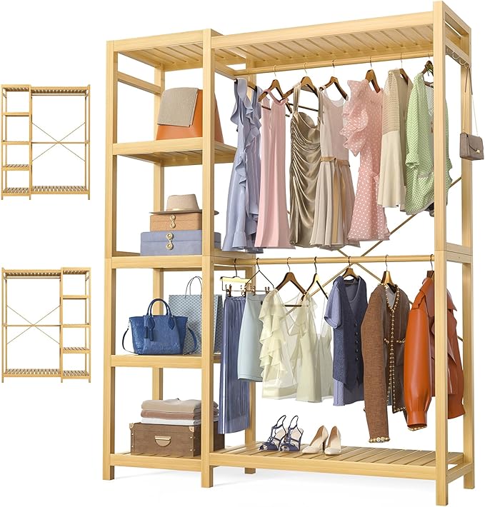 Homykic Bamboo Clothes Rack Garment Rack for Hanging Clothes, Heavy Duty Clothing Rack with 7 Tiers Adjustable Shelves, Double Rods, 4 Hooks, Freestanding Closet System Organizer Wardrobe, Natural