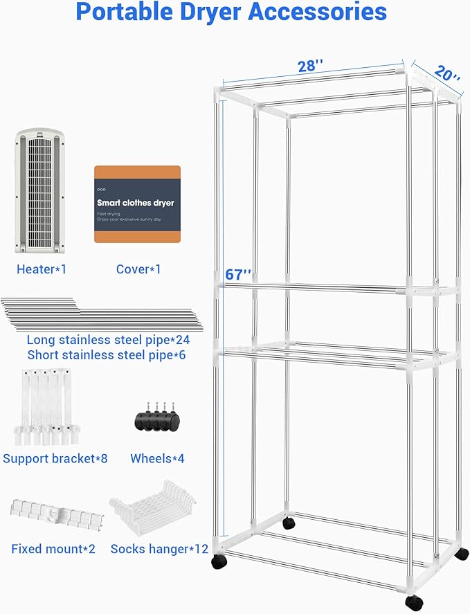 Portable Clothes Dryer, 110V -1600W Portable Dryer, 67Inch -3 Tier Foldable Clothes Dryers Rack, Energy Saving Portable Dryer for Apartment, Indoor, Travel, RV