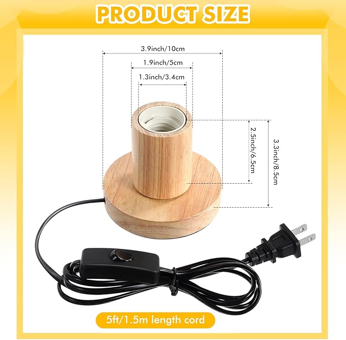 Tuanse 2 Pcs Polished Metal Desktop Lamp Base E26 E27 Screw Light Bulb Holder Sockets Night Light Base Lamp Replacement for Holding Bulb 6 Feet Cord on Off Switch Plug(Wood Color)