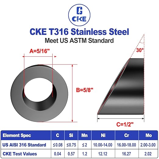 CKE 50 Pack Black 5/16" ID Angle Beveled Washer 25 30 35 Degree for 1/8" 5/32" 3/16" Stair Cable Railing Kit for Wood Metal Post, T316 Stainless Steel 30 Degree Cable Railing Angle Washers BCR17