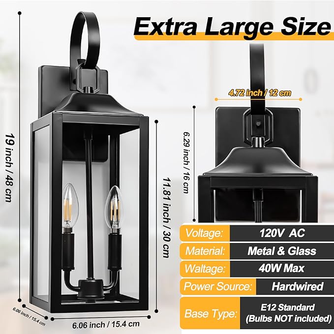 19" Large Outdoor Wall Light - Black Outside Wall Mounted Light Fixture, Exterior Farmhouse Wall Sconce Lantern 2-Light, Modern Porch Lighting Exterior Lamp for House, 2 Pack