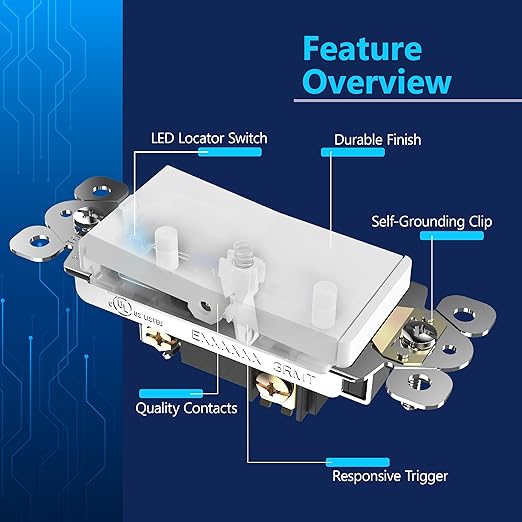 LIDER Minimalist Design Matte Finish Lighted 4-Way Decorator Light Switch, Four Way Frameless Rocker Switch, Residential/Commercial Grade, 15A 120V/277V, UL Listed, LS15-4W-W, White