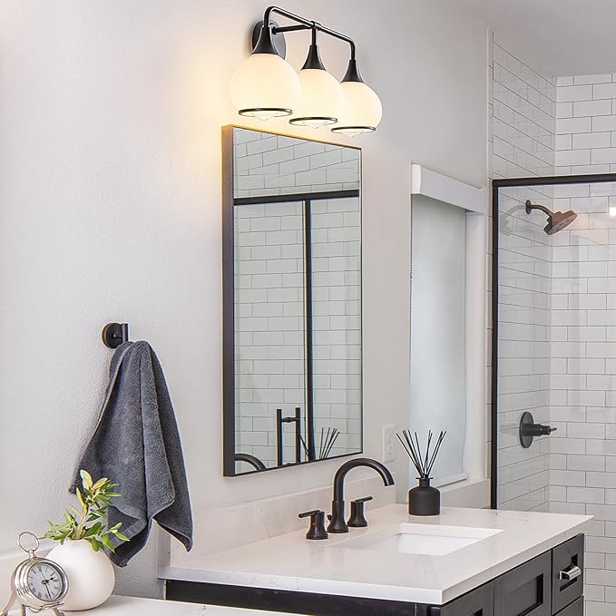 Black Bathroom Light Fixtures 3-Lights Vanity Lights with Milky White Frosted Glass Shade Bathroom Vanity Light 22.4 inch Wall Sconce Lighting Bath(Exclude E26 Bulb)