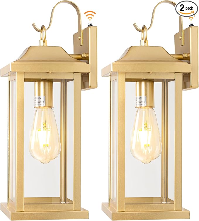 Large Gold Outdoor Sconces Dusk to Dawn 2-Pack, 17 Inch Large Porch Light Photocell Brass Outdoor Light Fixtures IP65 Waterproof with Clear Glass Outside Wall Lanterns Wall Mounted Lamps