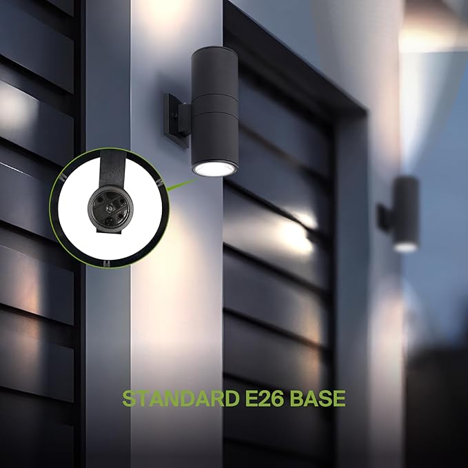 ASD 2 Light Dusk to Dawn Outdoor Wall Light Fixture | 120W E26 Bulb Socket 120V ETL Cylinder Up Down Lights | LED/CFL/Incandescent Bulb Exterior Wall Sconce | Front Door, Porch, Patio | Black, 2 Pack