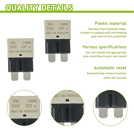 25A DC 12V-14V Auto Reset Circuit Breaker ATC/ATO Low Profile T1 Mini Blade Fuses Breakers for Car Trucks Marine Boat RV Solar and More,2 Pack