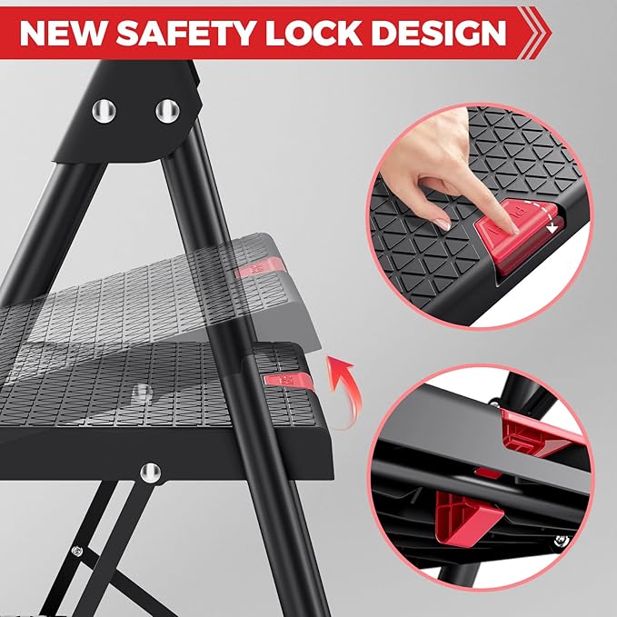 KINGRACK Step Ladder, Portable Folding Step Stool with Anti-Slip Wide Pedals, Heavy Sturdy Steel with Handrail, Safe-Lock Design, 800lbs Load Capacity, for Home and Kitchen, Black (2 Step Ladder)