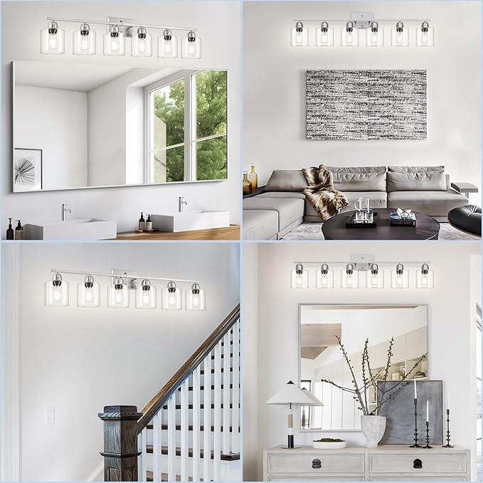 Modern Brushed Nickel 6 Light 38 inch Vanity Lights for Bathroom with Clear Glass, Vanity Light for Mirror Kitchen Living Room Hallway Cabinet Porch