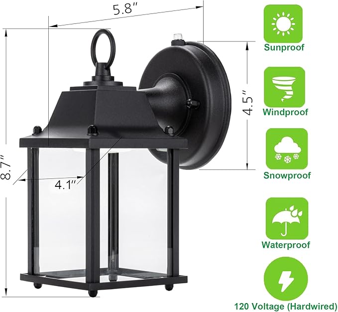 LIT-PaTH Small Outdoor LED Wall Lantern with Dusk to Dawn Photocell, 5000K Daylight White, 9.5W, 800 Lumen, Aluminum Housing Plus Glass, Outdoor Rated, 1-Pack, Black