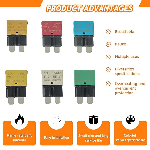 Auto Reset Circuit Breaker Fuse E37 Low Profile ATC/ATO 14V DC 5A 10A 15A 20A 25A 30A Type 1 car Mini Fuses Circuit Breakers（6 pcs Mixed）