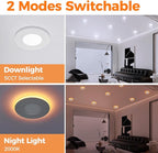 12 Pack 3 Inch Recessed LED Lights with Night Light, Canless Ultra Thin Wafer Recessed Lighting Downlight with Junction Box, Dimmable & 5 Color Temperature Selectable, 6W, ETL, White